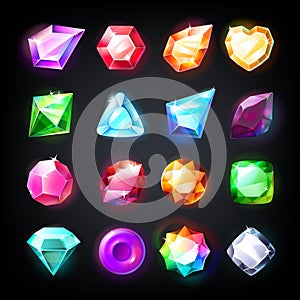 Gems. Cartoon jewelry stones for game achievement and currency, icon set of colored shiny crystals. Vector game jewels