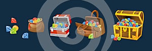 Gems chests set on blue background. Cartoon money chests for games, books etc. photo