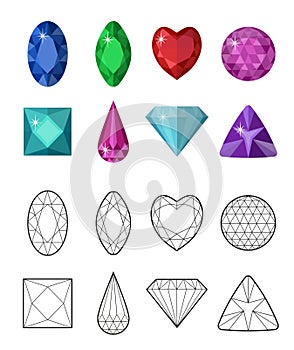 Gems and cut line set. Different facets for crystals. Jewelry collection isolated on white background. Diamonds photo