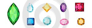 Gems and Diamonds of Different Shape and Color with Facet Vector Set