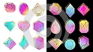 Gems with gradients. Jewelry stone, abstract colorful geometric shapes and trendy hipster diamond vector symbols set photo