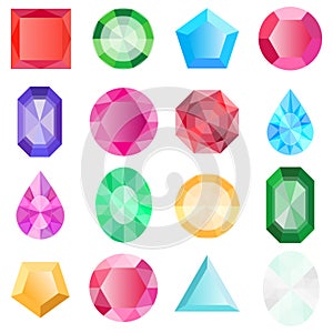 Gems isolated on white background. Jewels set, gems and diamonds icons isolated, different colors flat design. Vector jewels or