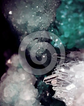 Gemstone closeup composition as a part of a cluster filled with rock crystals.