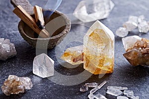 Gemstone crystals with palo santo wood for holistic therapy