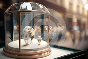 Gemstone glamourous ring inside window display showcase. Copy space