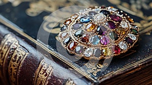 Gemstone and Gold Brooch on Antique Leather Book