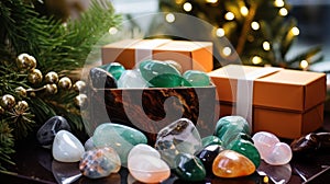 Gemstone Healing Crystal Christmas Gifts. Many Healing Crystals and gift box with Christmas decor. Authentic Gemstones and