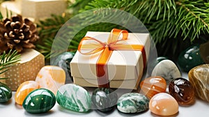 Gemstone Healing Crystal Christmas Gifts. Many Healing Crystals and gift box with Christmas decor. Authentic Gemstones and