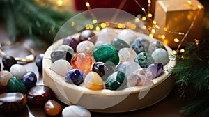 Gemstone Healing Crystal Christmas Gifts. Many Healing Crystals and gift box with Christmas decor. Authentic Gemstones and