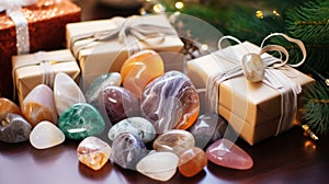 Gemstone Healing Crystal Christmas Gifts. Many Healing Crystals and gift box with Christmas decor. Authentic Gemstones and