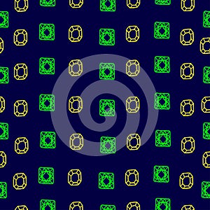 Gemstone illustration on dark blue background. hexagon and rectangular shapes. seamless pattern, hand drawn vector. yellow and gre