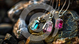 Gemstone Pendants on Rocky Surface photo