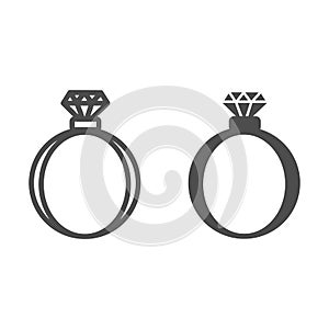 Gemstone ring line and solid icon. Romantic Wedding or Engagement Ring with Diamond illustration isolated on white