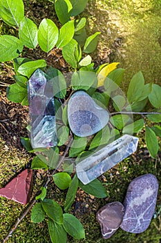Gemstones fluorite, quartz crystal and various stones. Magic rock for mystic ritual, witchcraft Wiccan and spiritual healing on