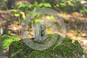 Gemstones fluorite, quartz crystal and various stones. Magic rock for mystic ritual, witchcraft Wiccan and spiritual practice on photo