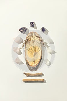 Gemstones minerals and healing herbs for relax and meditation, flat lay