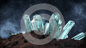 Gemstones quartz minerals crystals on alien planet 3D rendering illustration