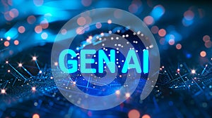 Gen AI generative AI text and background with neural network and digital brain