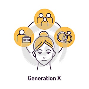 Genaration X color line icon on yellow background. Lifestyle: family welfare, marriage, office work