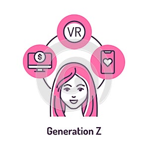 Genaration Z color line icon on pink background. Lifestyle: Remote work, startup, online dating, virtual reality