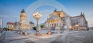 Gendarmenmarkt square panorama at dusk, Berlin, Germany