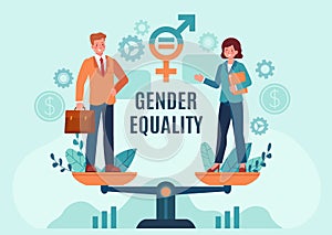 Gender business equality. Employee woman and man standing on balanced scales. Fair job opportunity and salary. Equal rights vector