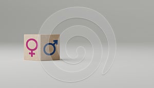 Gender difference, identity and equality concept. Male and female gender symbols on wooden cube. copy space