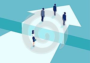 Vector of a businesswoman lagging behind businessmen and divided by gap