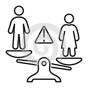 Gender discrimination and inequality black line icon. Violence in family. Men bullying women. Isolated vector element. Outline