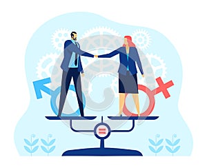 Gender equality. Business man and woman standing on balance scales. Equal rights, opportunities in workplace, wage