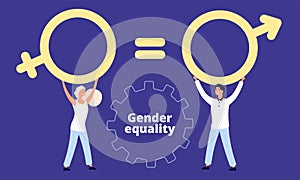 Gender equality concept. Flat vector male and female characters with sex sign