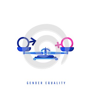 Gender Equality Concept. Gender balancing symbols on metal mechanical scales. Vector illustration icon in a flat style.