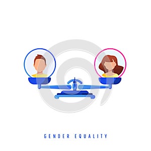 Gender equality concept. Gender symbols balancing on scales. Vector illustration, flat style