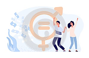 Gender equality concept. Happy female and male flat vector characters, money and gender sign. Gender wage equality