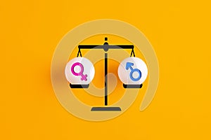 Gender equality concept. Male and female gender sex symbols are in balance on a scale