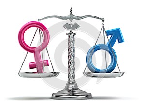 Gender equality concept. Male and female signs on the scales iso
