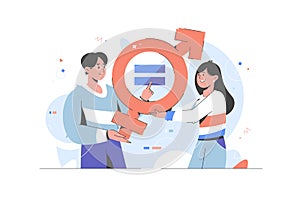 Gender Equality Concept. Vector illustration. Equal business man and woman on balance scale.