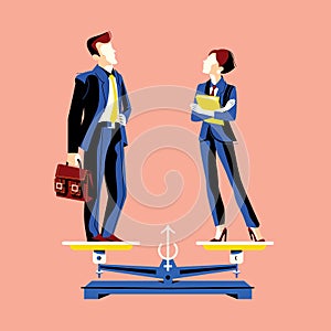 Gender equality concept with woman and man on equal height scales.