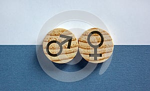 Gender equality concept. Wood circles with male equals female symbol on white and blue background. Copy space