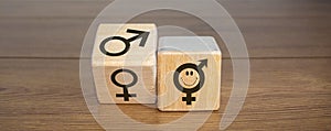 Gender equality concept. Wood cubes with male equals female symbol on wooden background. Copy space