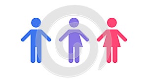 Gender equality and diversity concept. Vector flat illustration set. Blue man, pink woman and purple transgender human silhouette