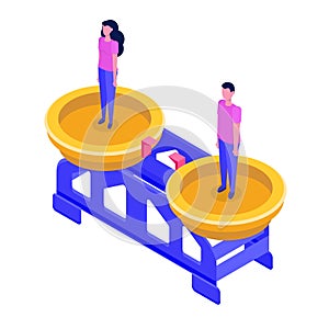 Gender equality, Equal pay and opportunity  isometric concept with man and woman on scale.