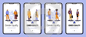 Gender equality flat vector illustration. Saudi Arab, Black and Office Employee women balance on scale with men.