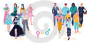 Gender equality, male and female equal rights, opportunity in proffession groups of men and women cartoon vector