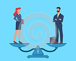 Gender equality. Man and woman in business suits standing on scales in balance, equal rights and pay, salary and