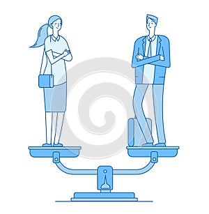 Gender equality. Man and woman on scale in balance. Women rights gender equal employment feminism vector line business