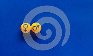 Gender equality symbol. Orange table tennis balls with male equals female symbol on blue background. Copy space. Gender equality