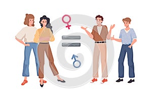 Gender equality vector flat concept. Equal sign between happy smiling men and women. Equal rights for everyone.