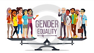 Gender Equality Vector. Man, Woman, Male, Female On Scales. Equal Opportunity. Isolated Flat Cartoon Illustration