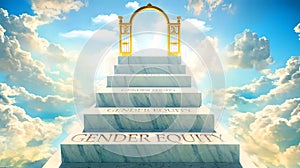 Gender equity as stairs to reach out to the heavenly gate for reward, success and happiness.Gender equity elevates and b